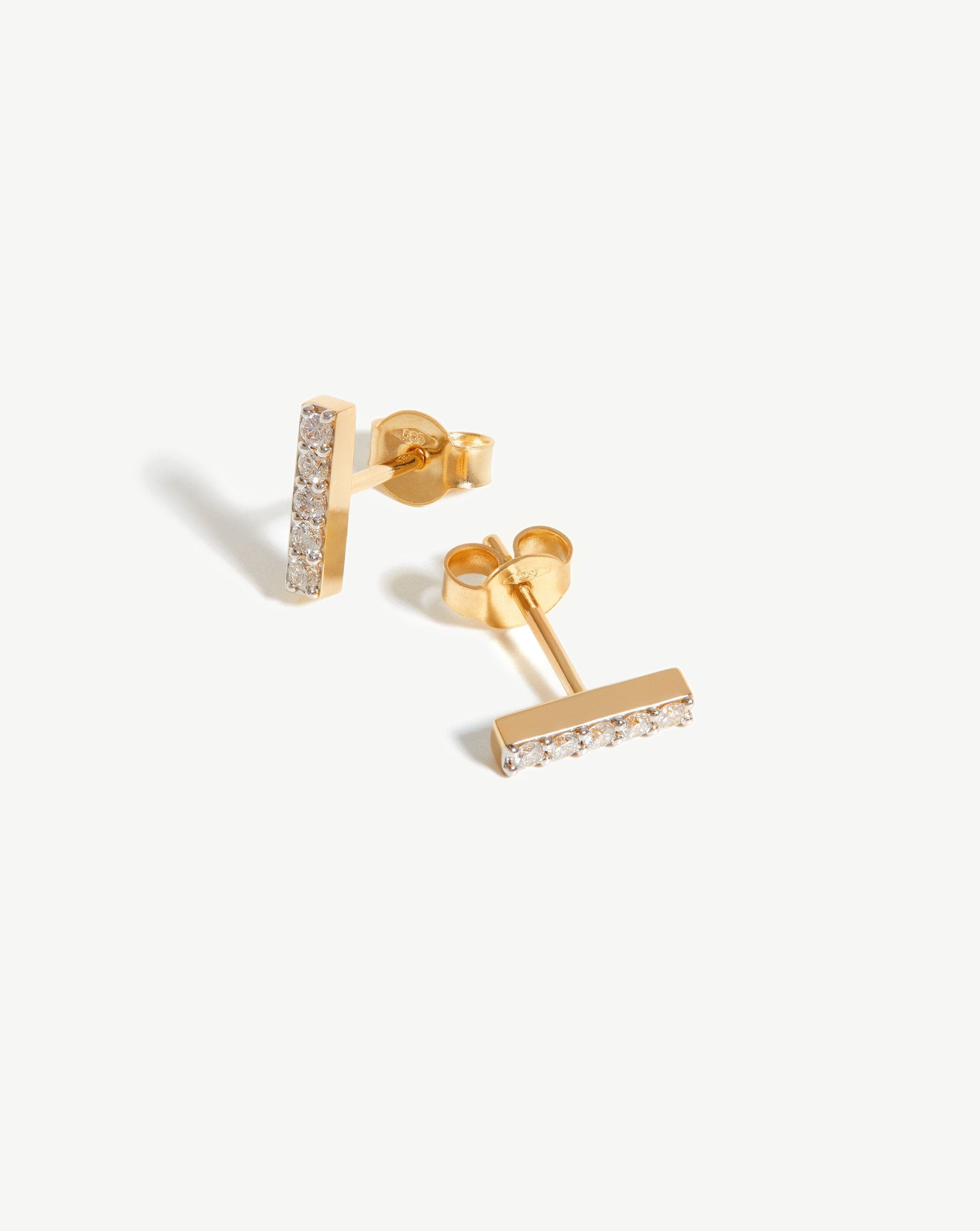 Solid Gold Diamond Bar Stud Earrings | 14ct Solid Gold/Diamond