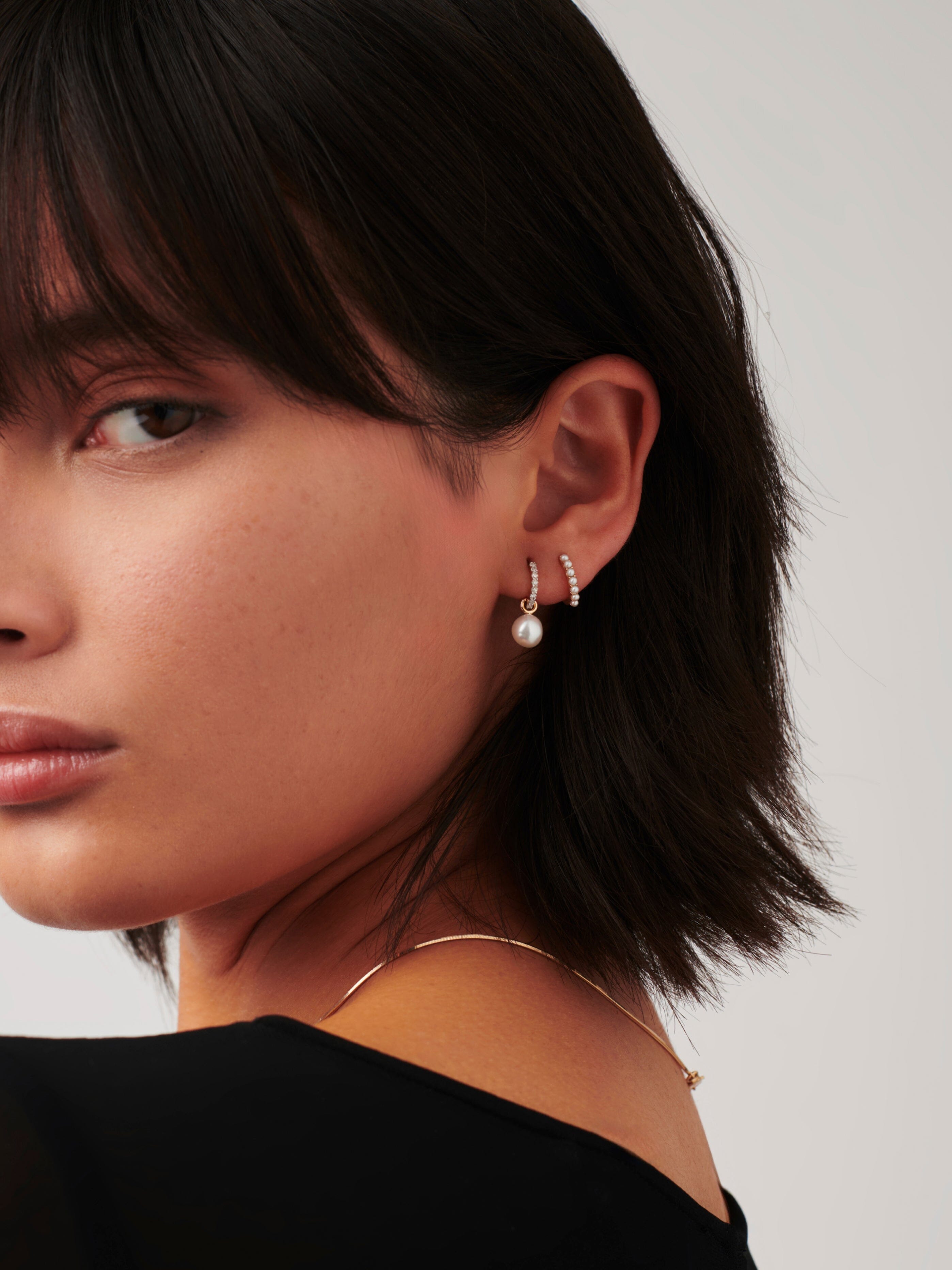 Solid Gold Diamond & Pearl Charm Hoop Earrings | 14ct Solid Gold/Pearl & Diamond