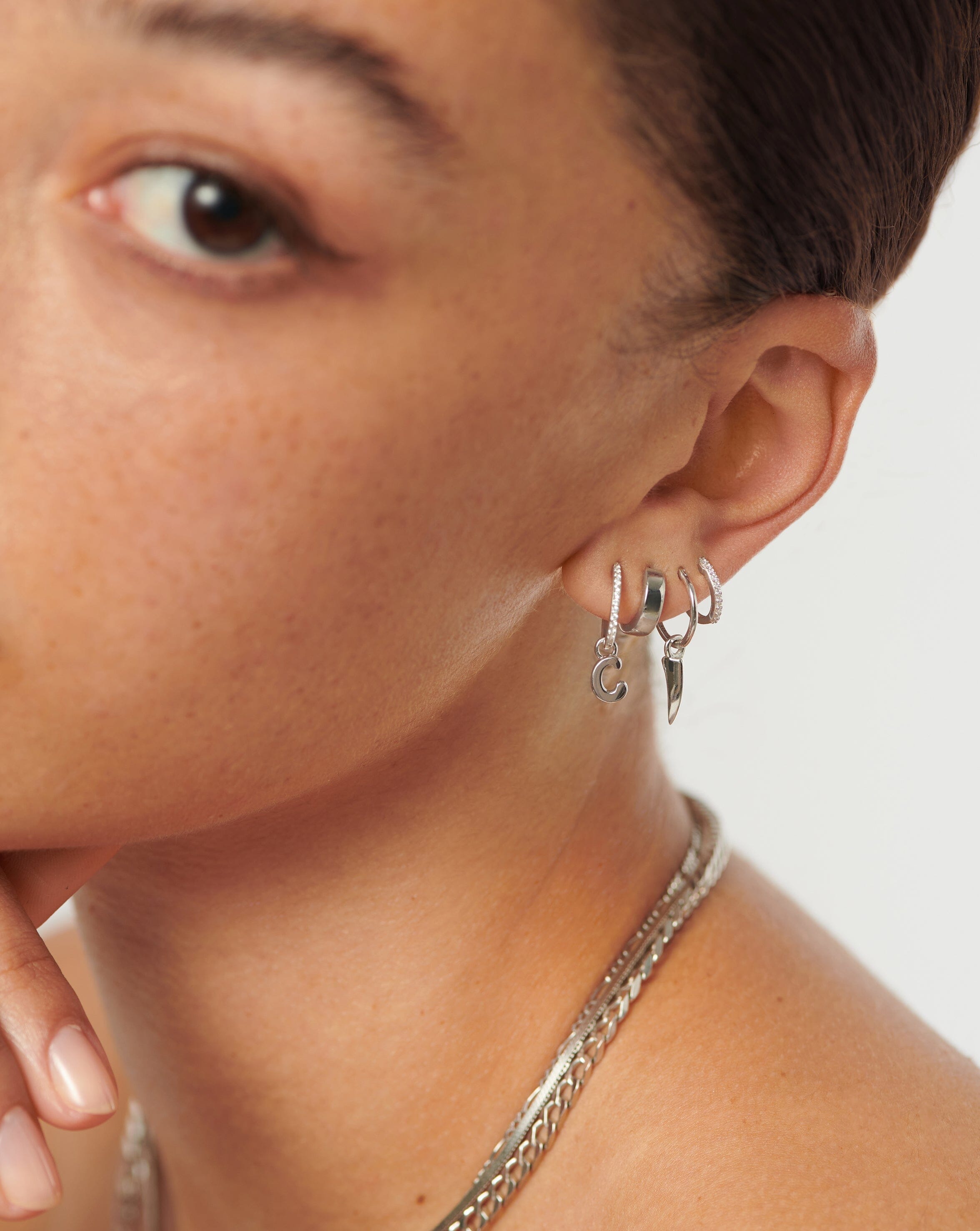 Initial Single Charm Hoop Earring  - Initial C | Sterling Silver