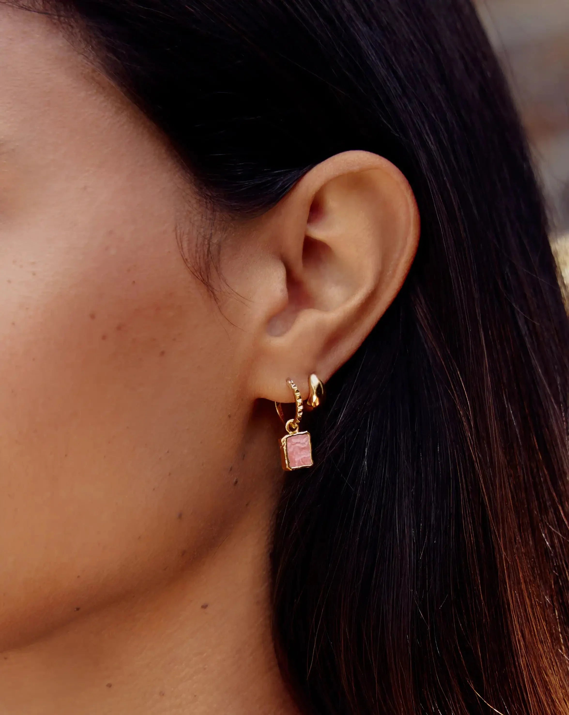 Mini Pyramid Charm Hoop Earrings | 18ct Gold Vermeil/Rhodochrosite